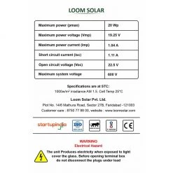 25 Years* Warranty Loom Solar Panel 20 Watt - 12 Volt For Small Battery Charging