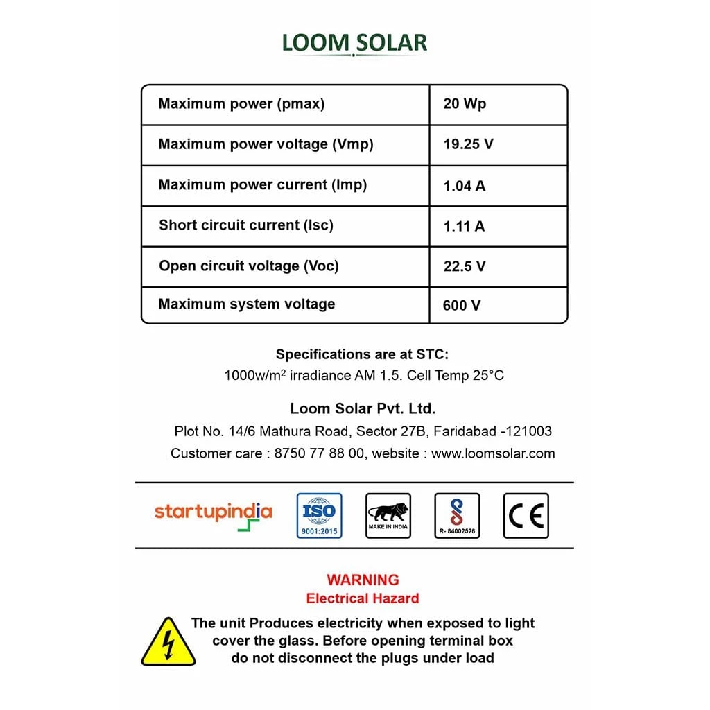 25 Years* Warranty Loom Solar Panel 20 Watt - 12 Volt For Small Battery Charging