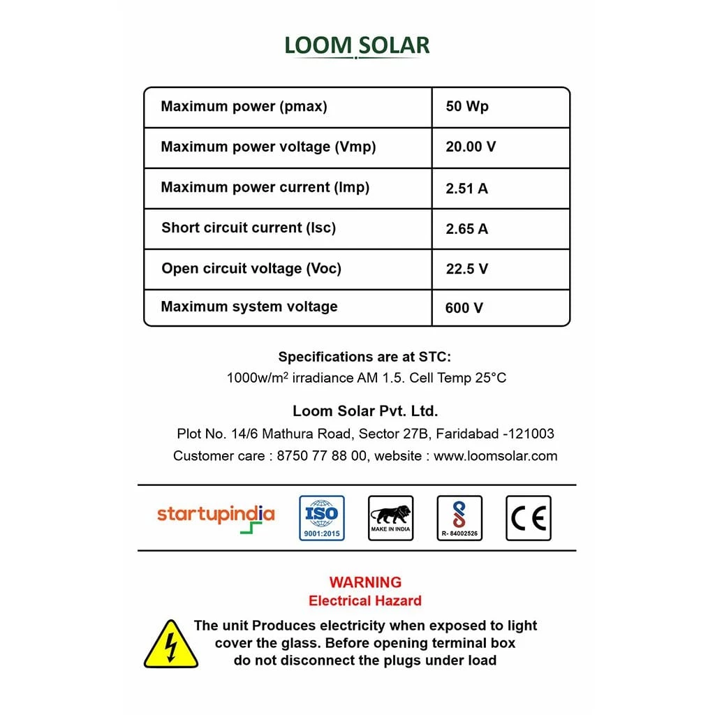 25 Years* Warranty Loom Solar Panel 50 Watt - 12 Volt Mono Perc Solar Panels